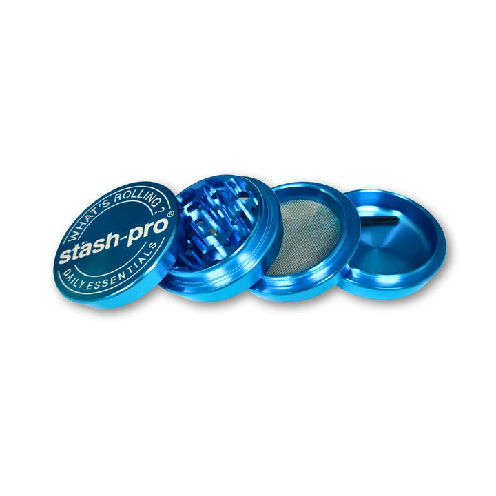 Blue herb grinder with 'Stash Pro' branding on a white background