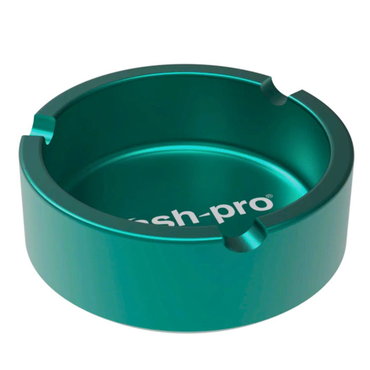 Green metal ashtray with 'stash-pro' branding on a white background