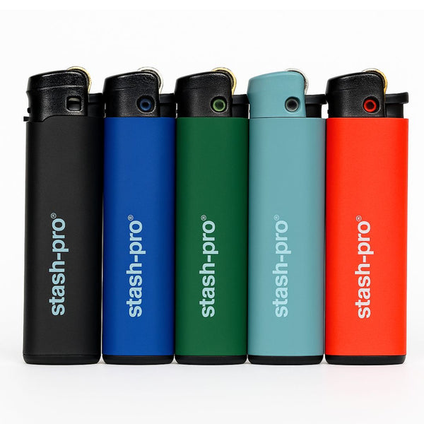 Five colorful 'stash-pro' lighters on a white background