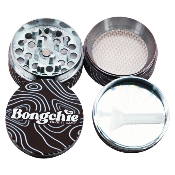Metallic herb grinder with 'Bongchie' branding on a white background