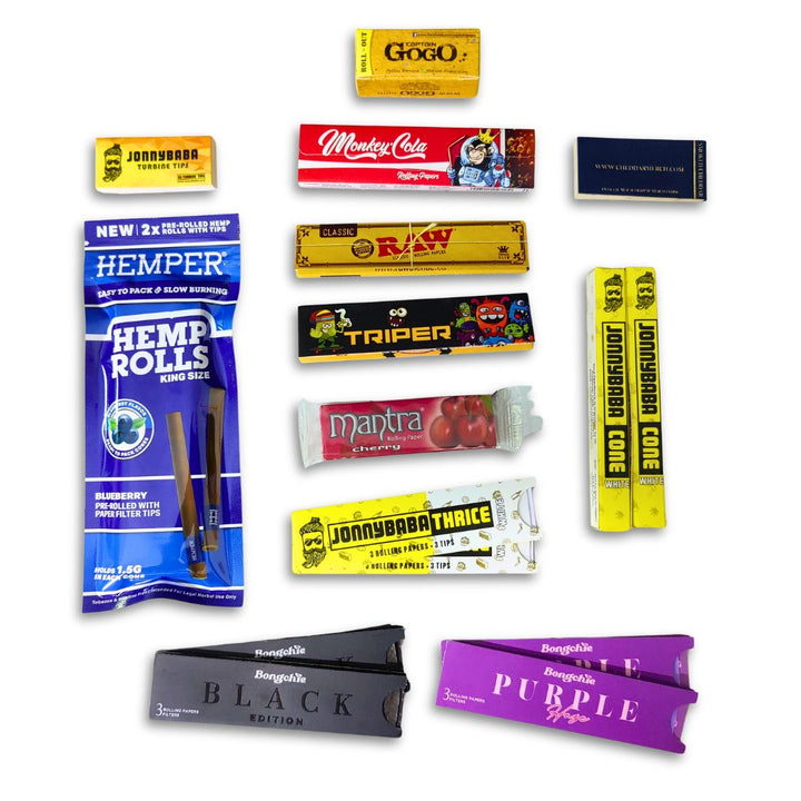 rolling papers, hemp roll, flavoured papers, cones, rolls on a white background