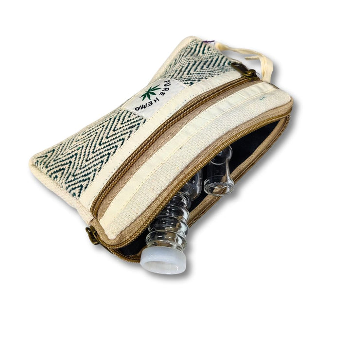 hemp pouch with a zipper containing a glass percolator bong on a white background