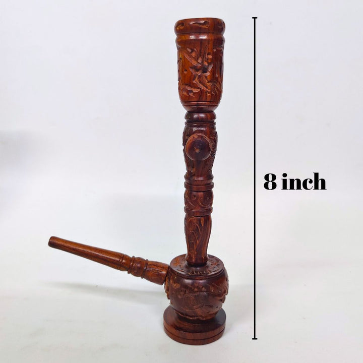 Carved wooden HOOKAH pipe with measurement label on a white background