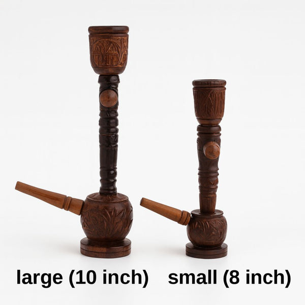 Two wooden HOOKAH pipes, one large (10 inch) and one small (8 inch), on a white background.
