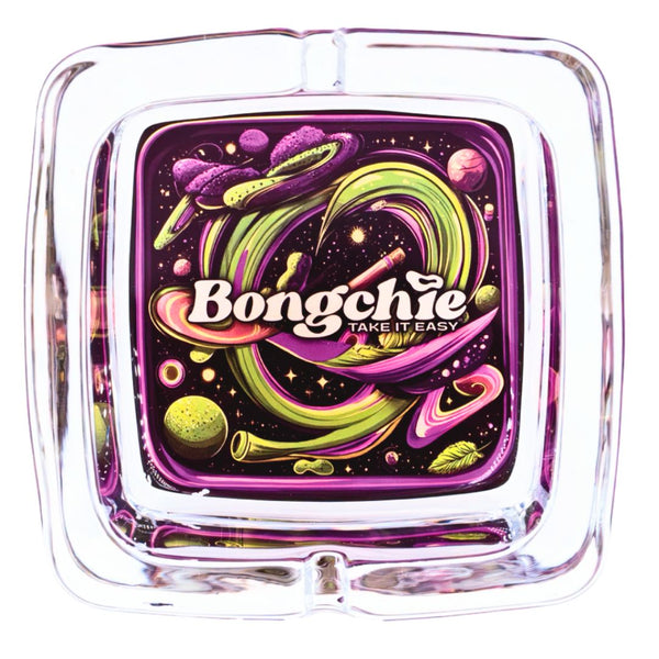 Glass ashtray with colorful design and 'Bongchie' branding on a white background