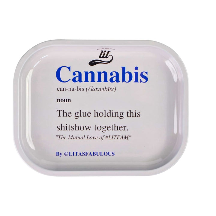 Rectangular Rolling Tray with text about cannabis on a white background