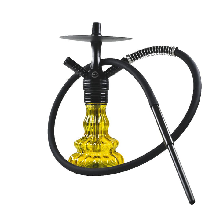 Yellow hookah with black hose on a white background