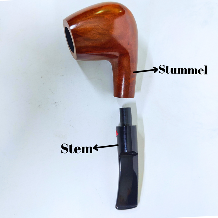 Wooden pipe with labeled stummel and stem on a white background