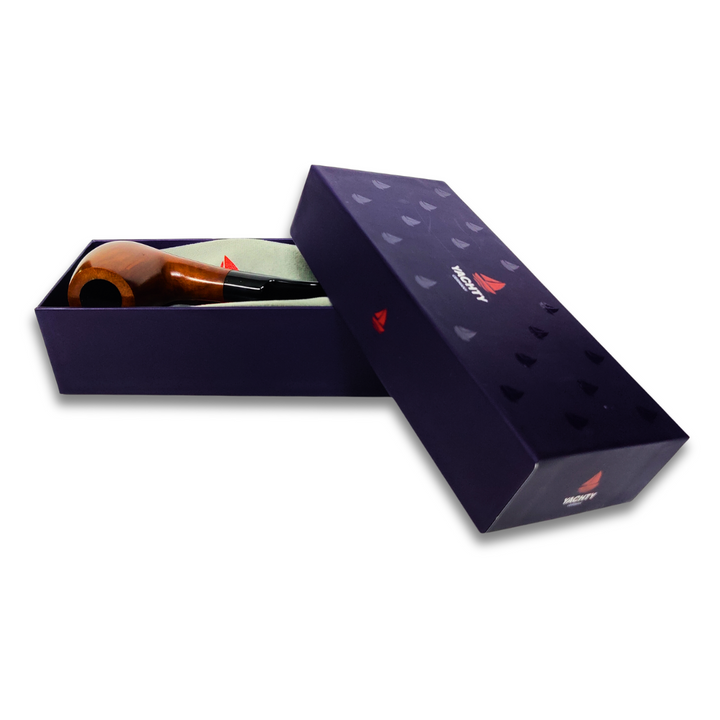 Open dark blue box with a smoking pipe inside on a white background