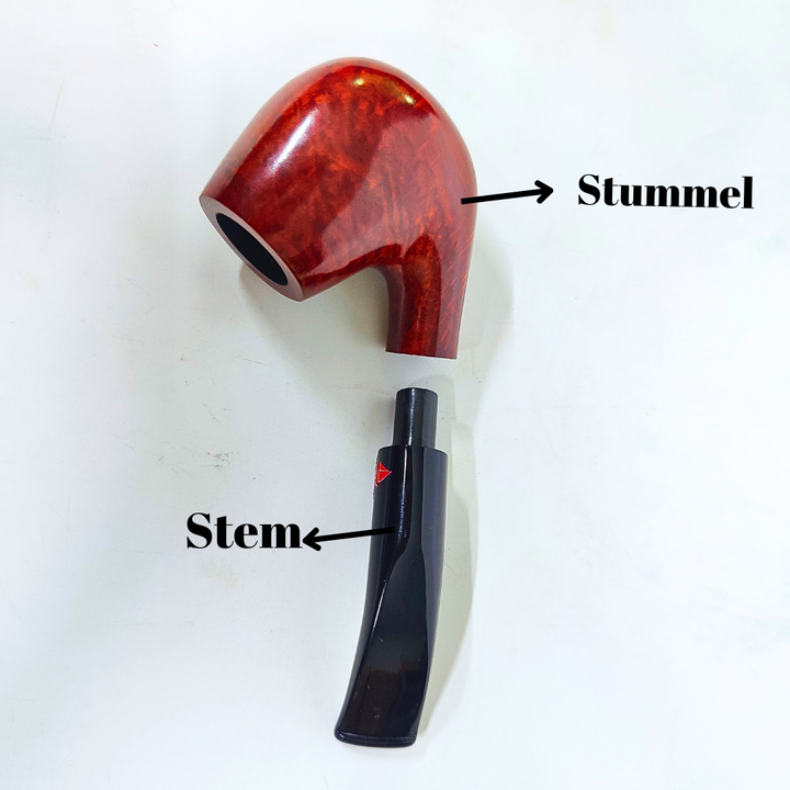 Wooden smoking pipe with labeled 'Stummel' and 'Stem' on a white background