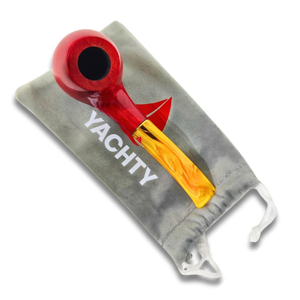 Red and yellow smoking pipe on a gray drawstring bag with 'YACHTY' branding.