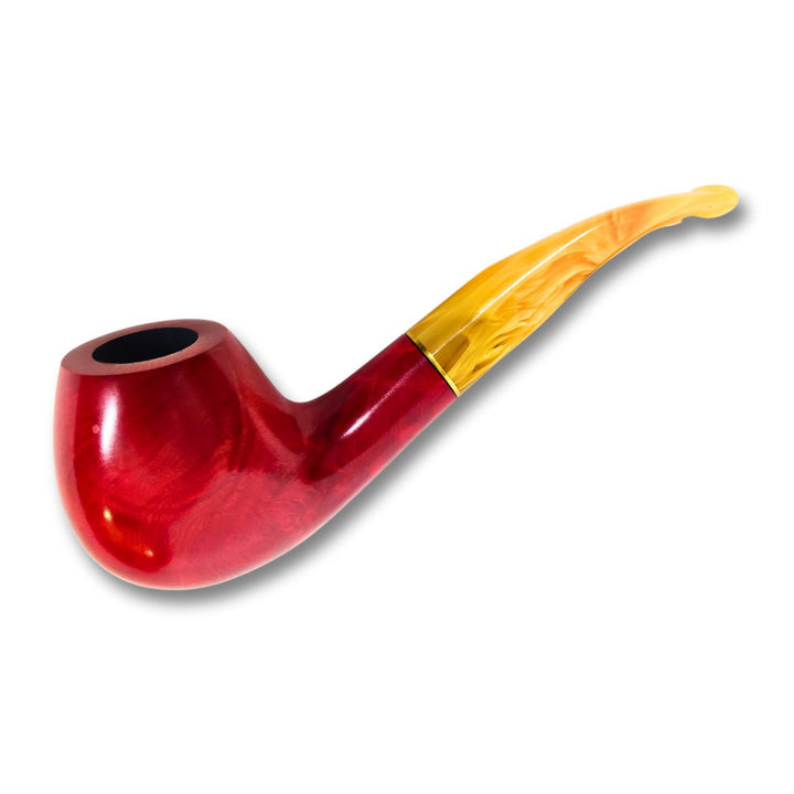 Red and yellow tobacco pipe on a white background