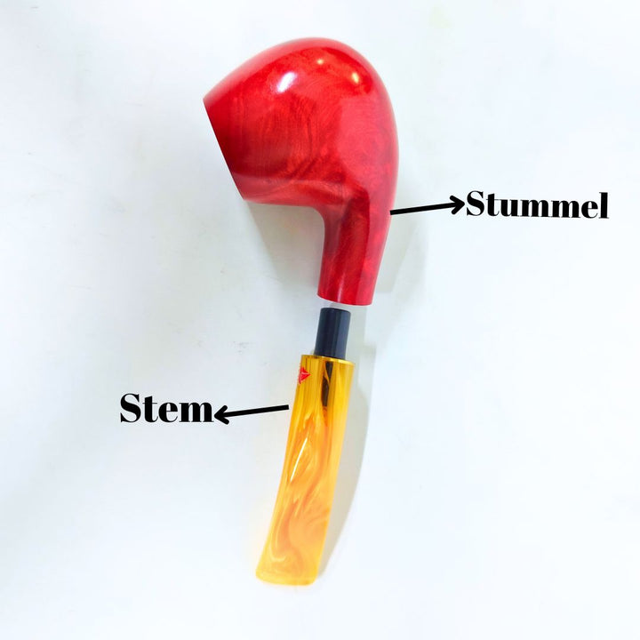 Red smoking pipe with labeled 'Stummel' and 'Stem' on a white background