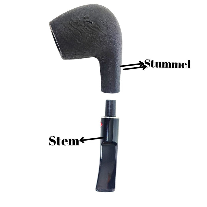 Black smoking pipe with labeled 'Stummel' and 'Stem' on a white background