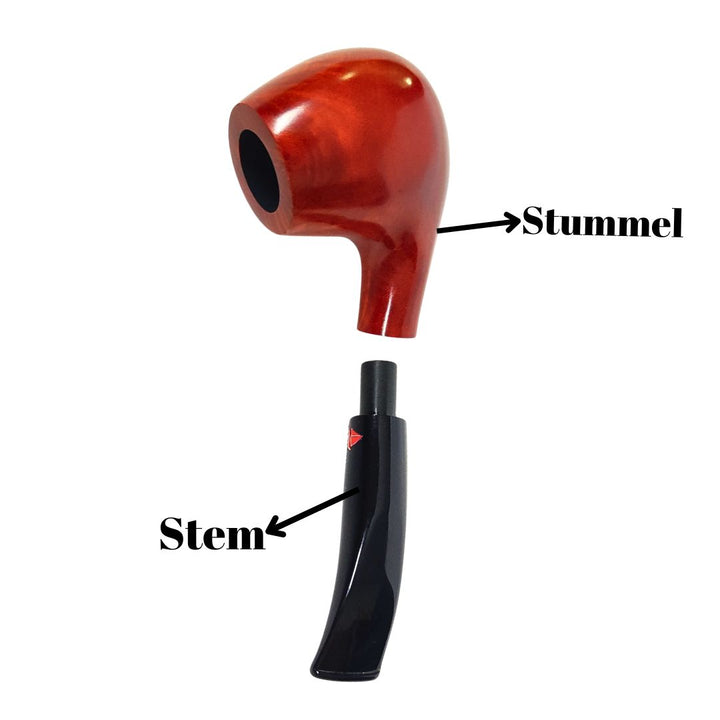 Red smoking pipe labeled 'Stummel' and black electronic device labeled 'Stem' on a white background.