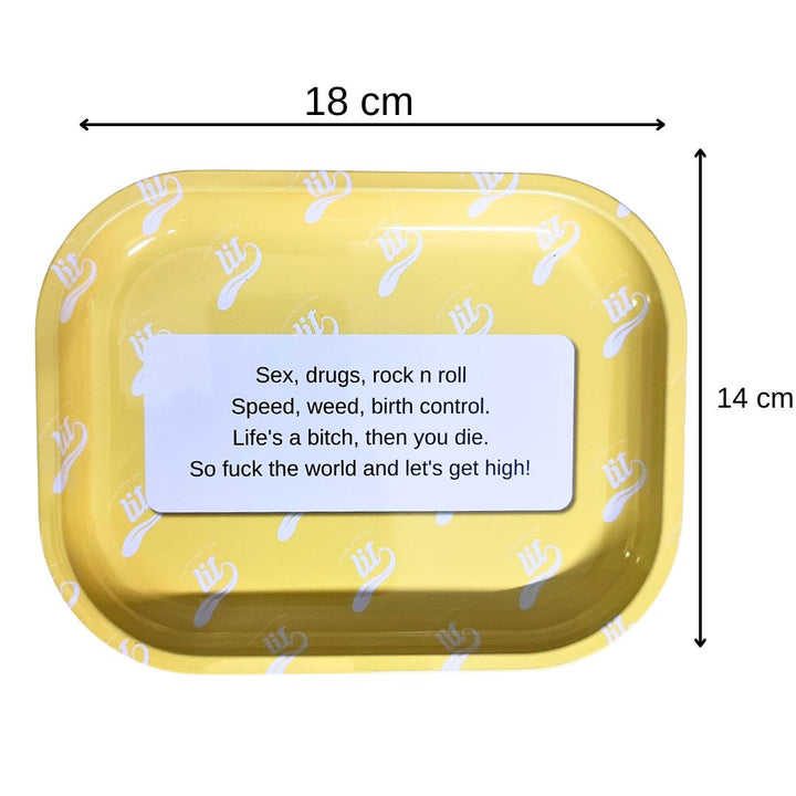 Yellow Rolling tray with text and measurements on a white background