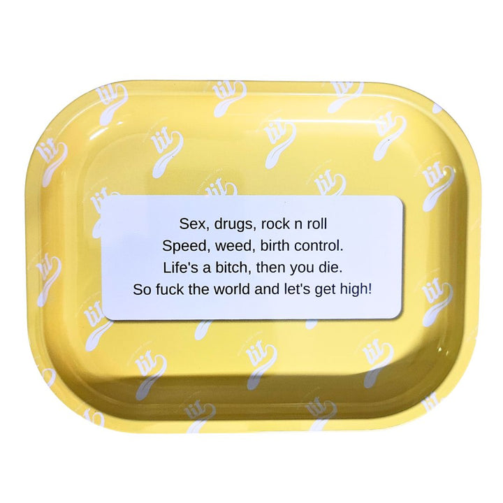 Yellow tray with text and white symbols on a white background