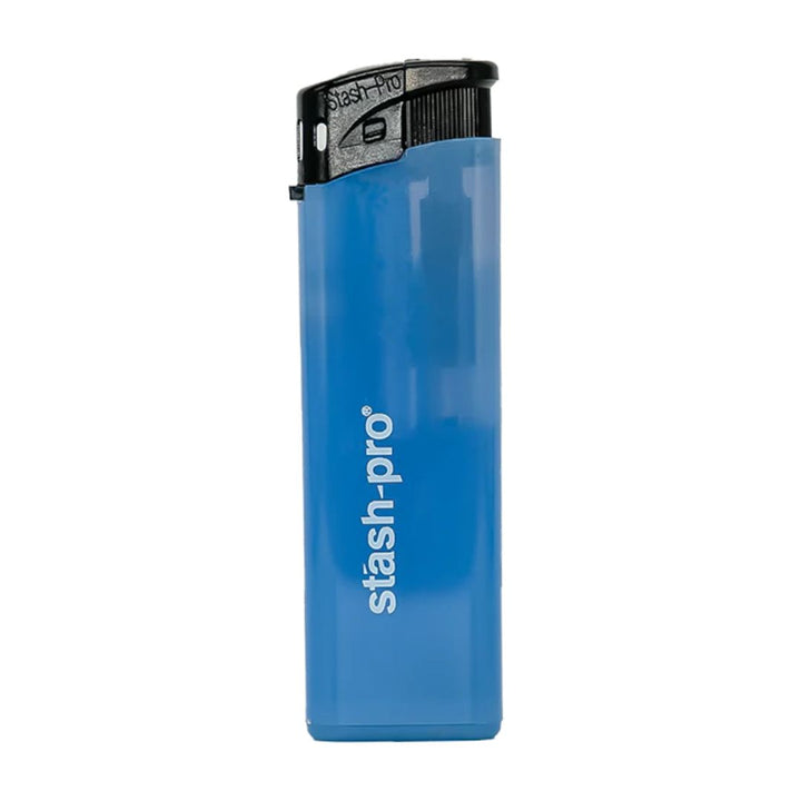 Blue lighter with 'stash-pro' branding on a white background