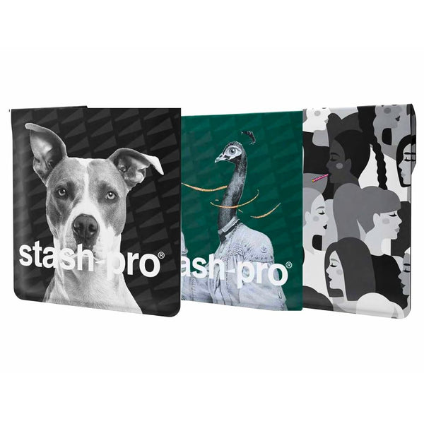 Three different designs of 'stash pro' pocket ashtray on a white background