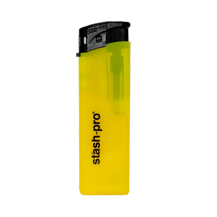 Yellow lighter with 'stash pro' branding on a white background